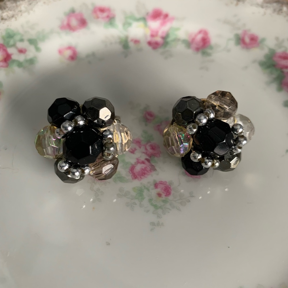 Vintage Style AB Black Silver Gray Clip Earrings
